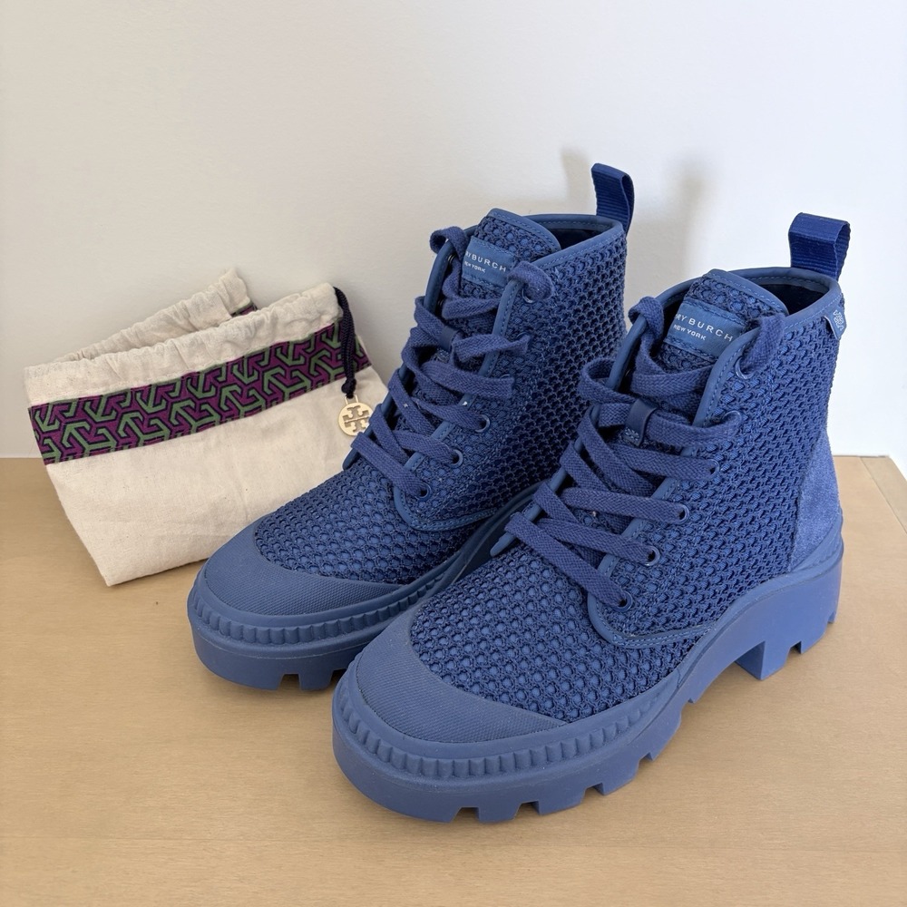 Tory Burch Camp Sneaker Boot Blue Suede Canvas Lace Up Boots Size 6.5 Luxury